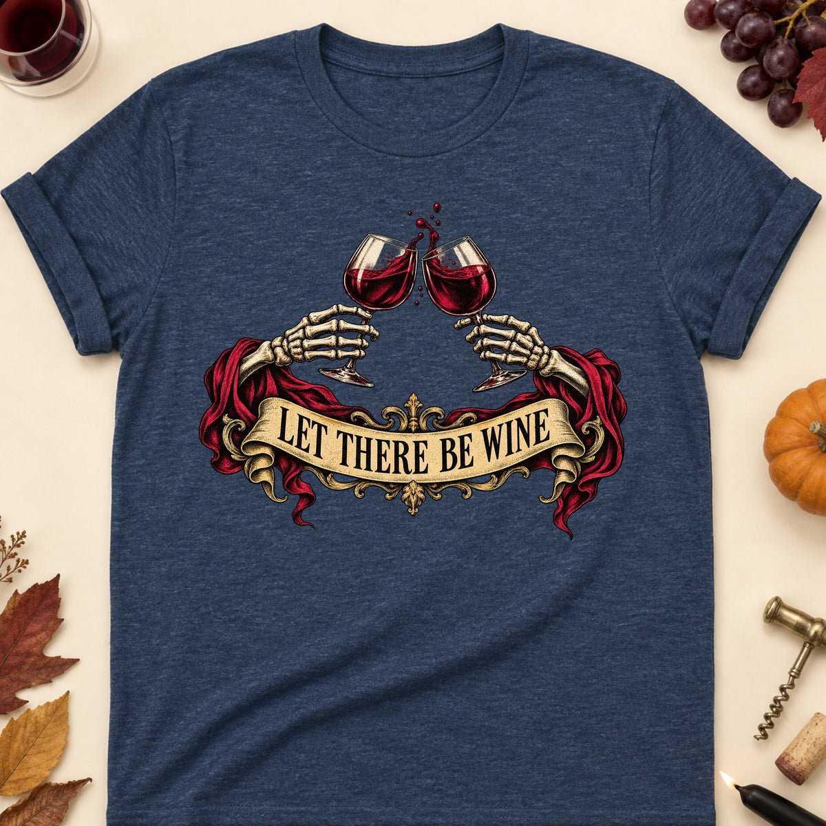 Let There Be Wine Colored Print T-Shirt - Heather Navy - Brooke & Belle