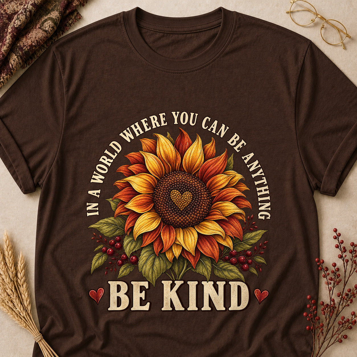 In A World Where You Can Be Anything Be Kind Fall Colored Print T-Shirt - Dark Chocolate - Brooke & Belle