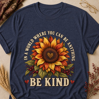 In A World Where You Can Be Anything Be Kind Fall Colored Print T-Shirt - Heather Navy - Brooke & Belle