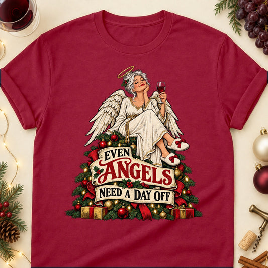 Even Angels Need A Day Off Colored Print T-Shirt - Cardinal Red - Brooke & Belle