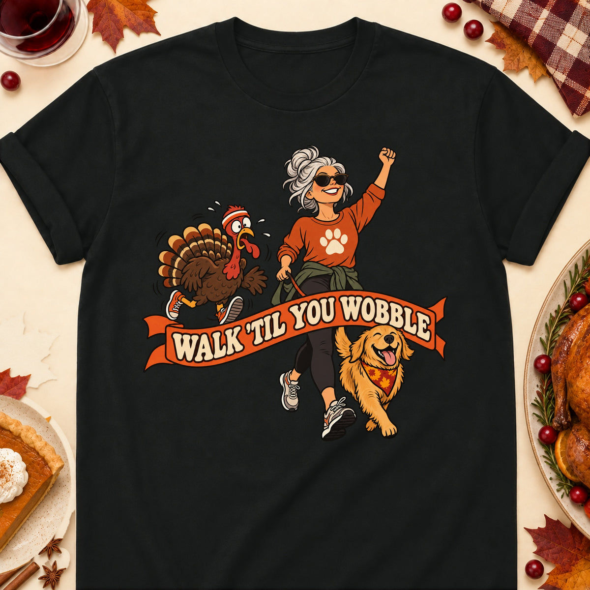 Walk Til You Wobble Thanksgiving Dog Mom T-Shirt in Black