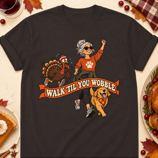 Walk Til You Wobble Thanksgiving Dog Mom T-Shirt in Dark Chocolate