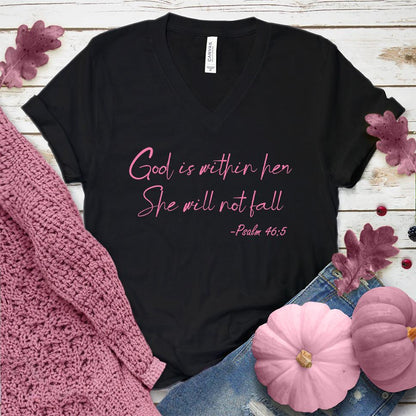 God Is Within Her She Will Not Fall Psalm 46-5 V-Neck Pink Edition