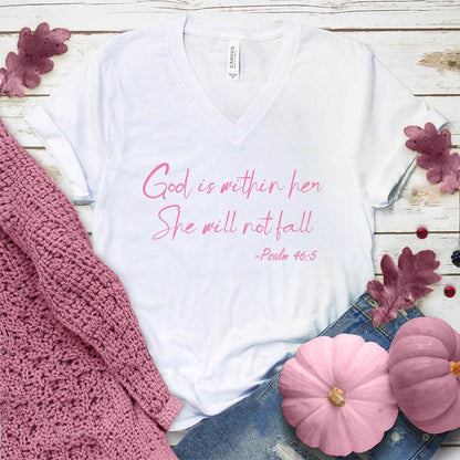God Is Within Her She Will Not Fall Psalm 46-5 V-Neck Pink Edition - Brooke & Belle