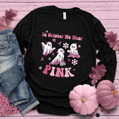 In October We Wear Pink Version 3 Long Sleeves Colored Edition Black - Supportive long sleeve shirt with 'In October We Wear Pink' message and playful ghost design.