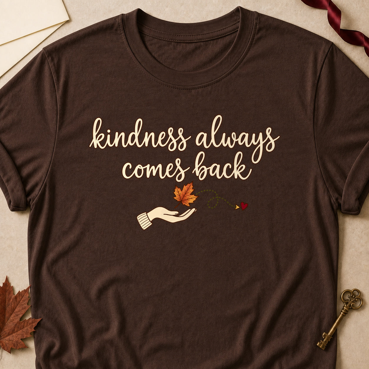 Kindness Always Comes Back Fall Colored Print T-Shirt - Dark Chocolate - Brooke & Belle