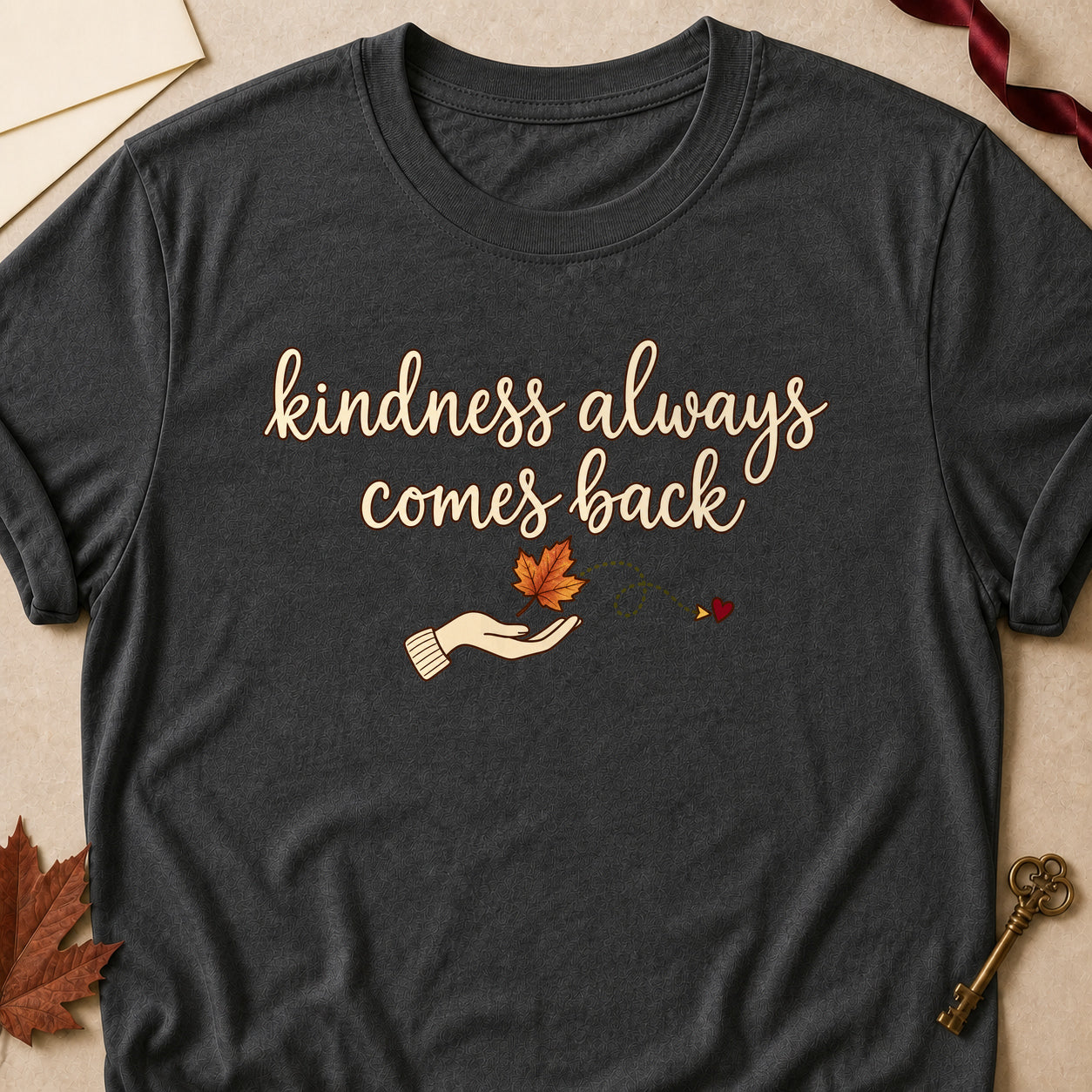 Kindness Always Comes Back Fall Colored Print T-Shirt - Dark Heather - Brooke & Belle
