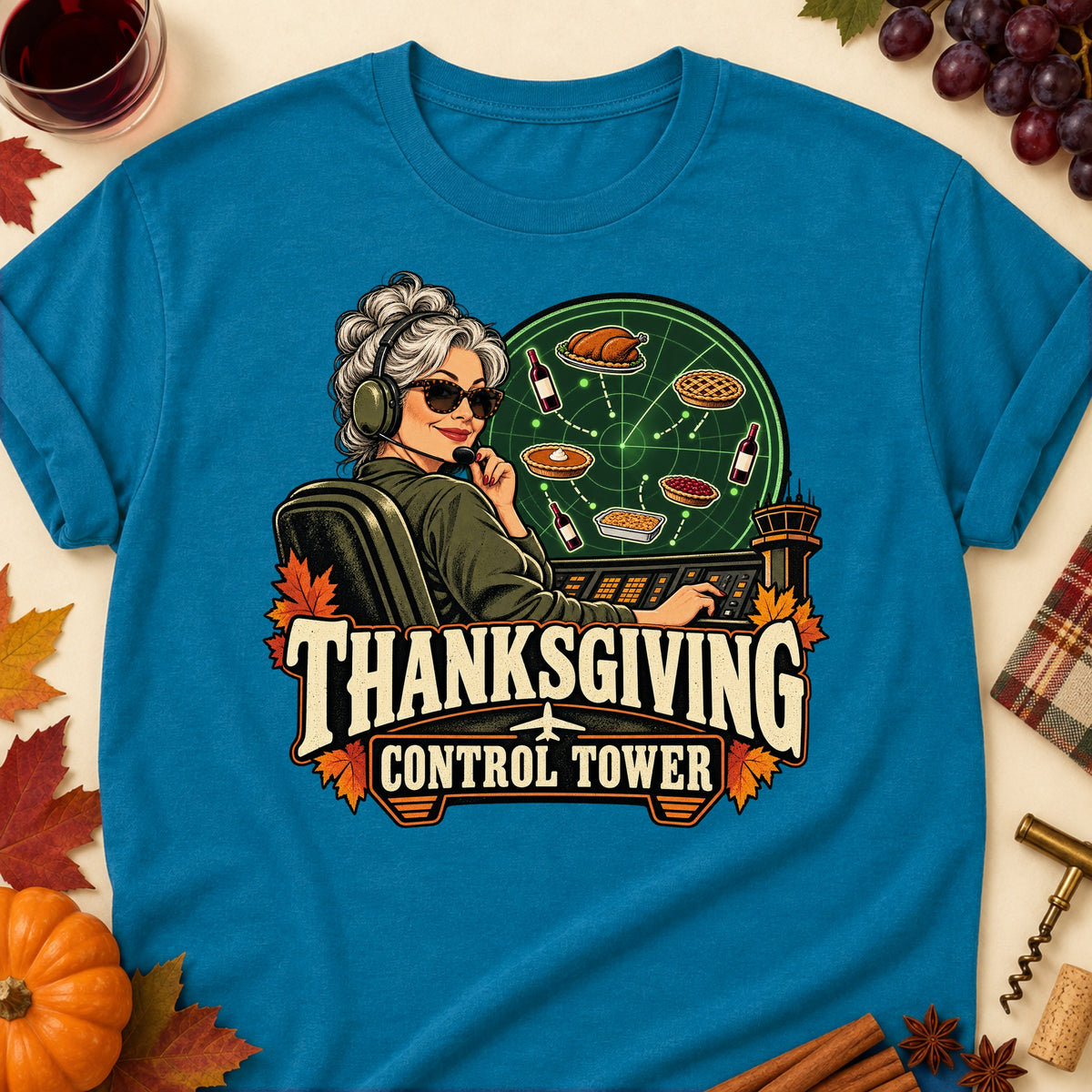 Thanksgiving Control Tower Colored Print T-Shirt - Antique Sapphire - Brooke & Belle