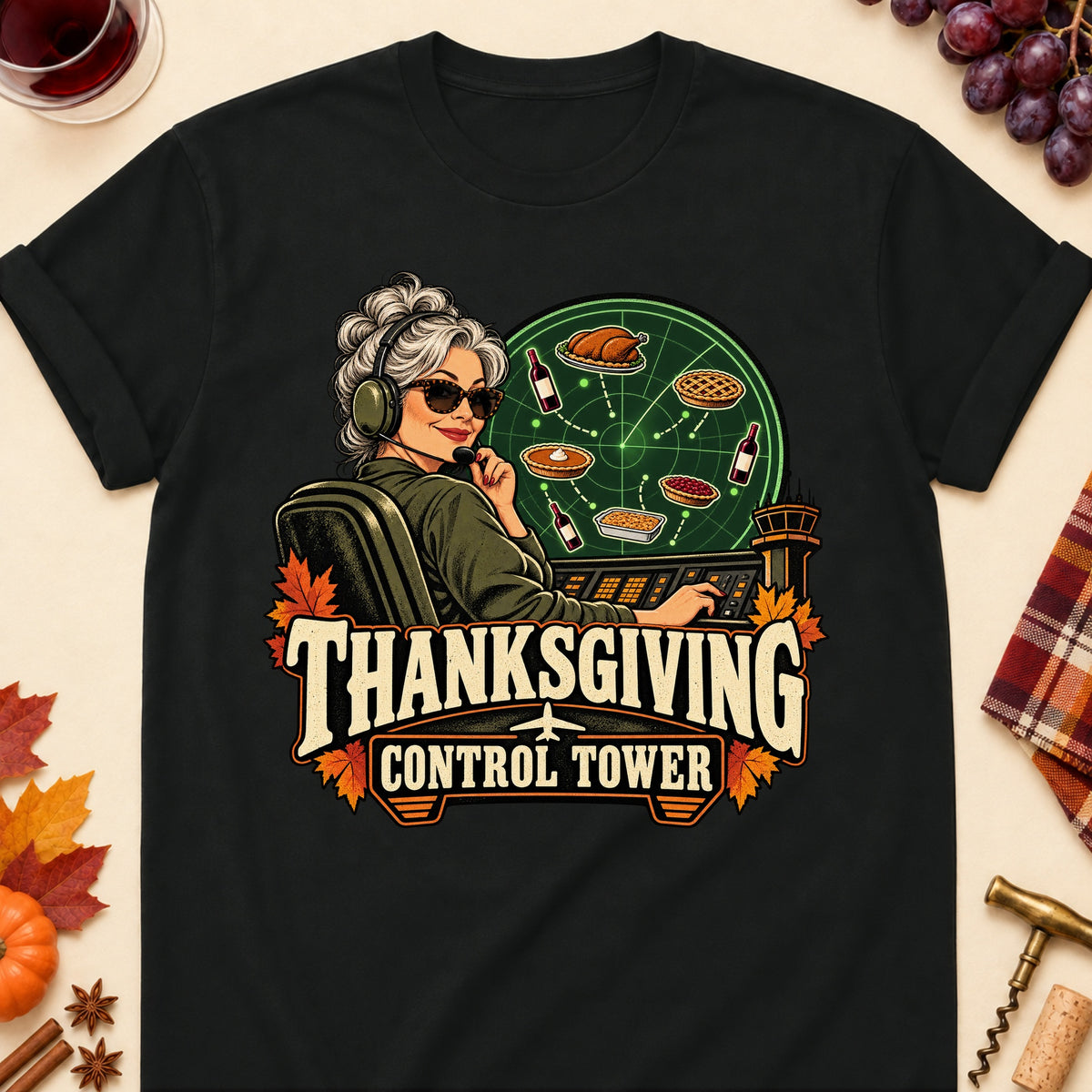 Thanksgiving Control Tower Colored Print T-Shirt - Black - Brooke & Belle