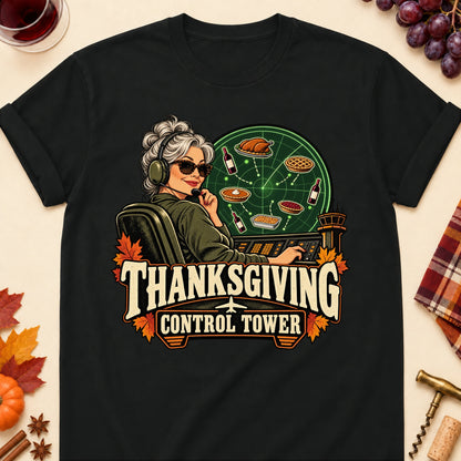 Thanksgiving Control Tower Colored Print T-Shirt - Black - Brooke & Belle
