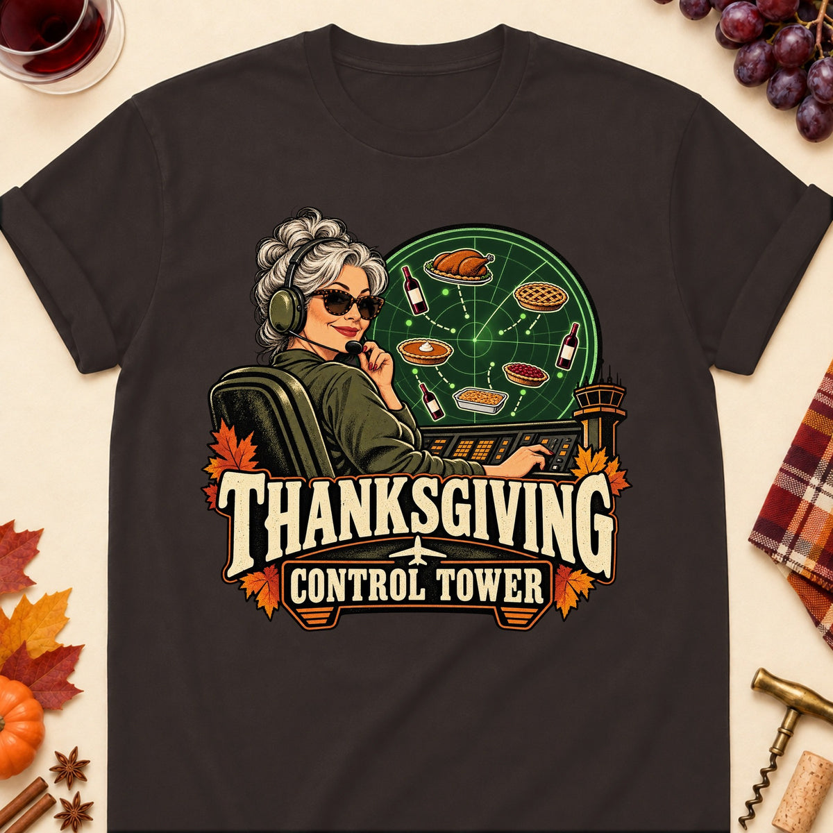 Thanksgiving Control Tower Colored Print T-Shirt - Dark Chocolate - Brooke & Belle