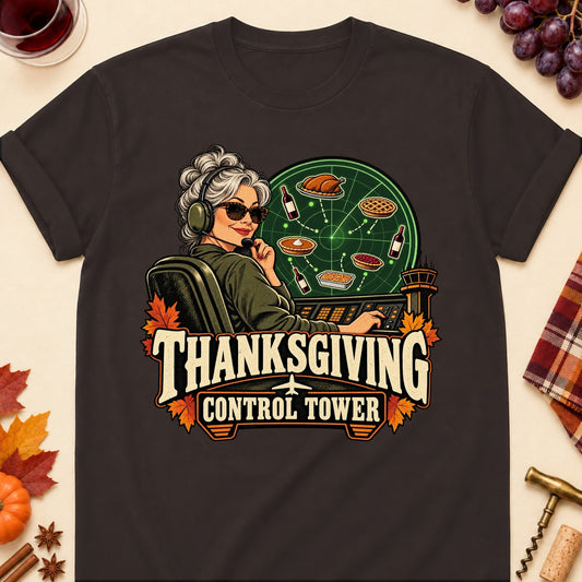 Thanksgiving Control Tower Colored Print T-Shirt - Dark Chocolate - Brooke & Belle