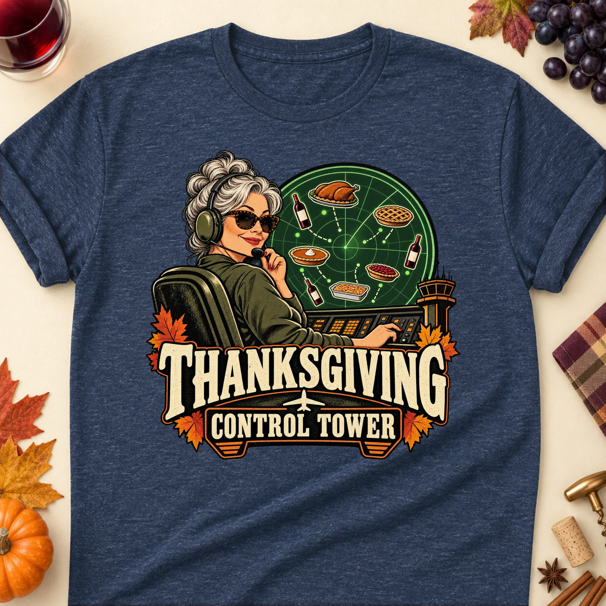 Thanksgiving Control Tower Colored Print T-Shirt - Heather Navy - Brooke & Belle