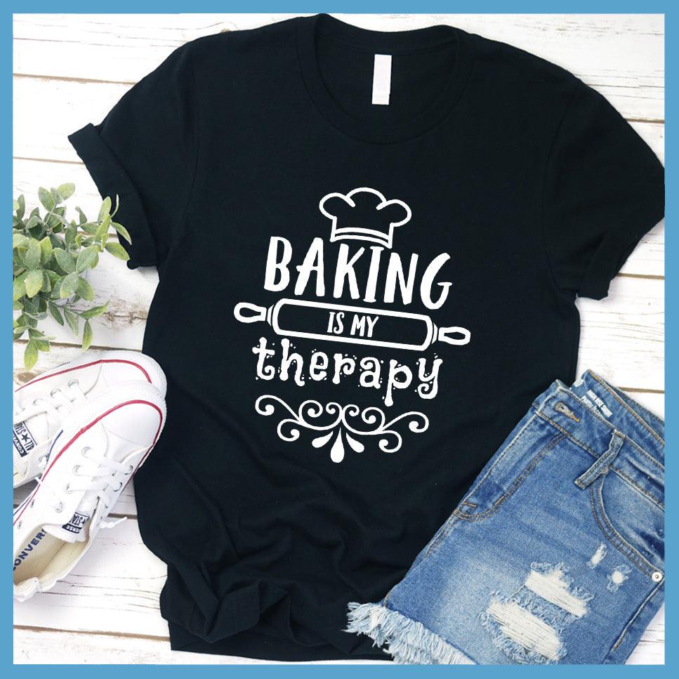 Baking Is My Therapy T-Shirt Black - "Baking Is My Therapy" T-Shirt with whimsical chef hat and rolling pin design.