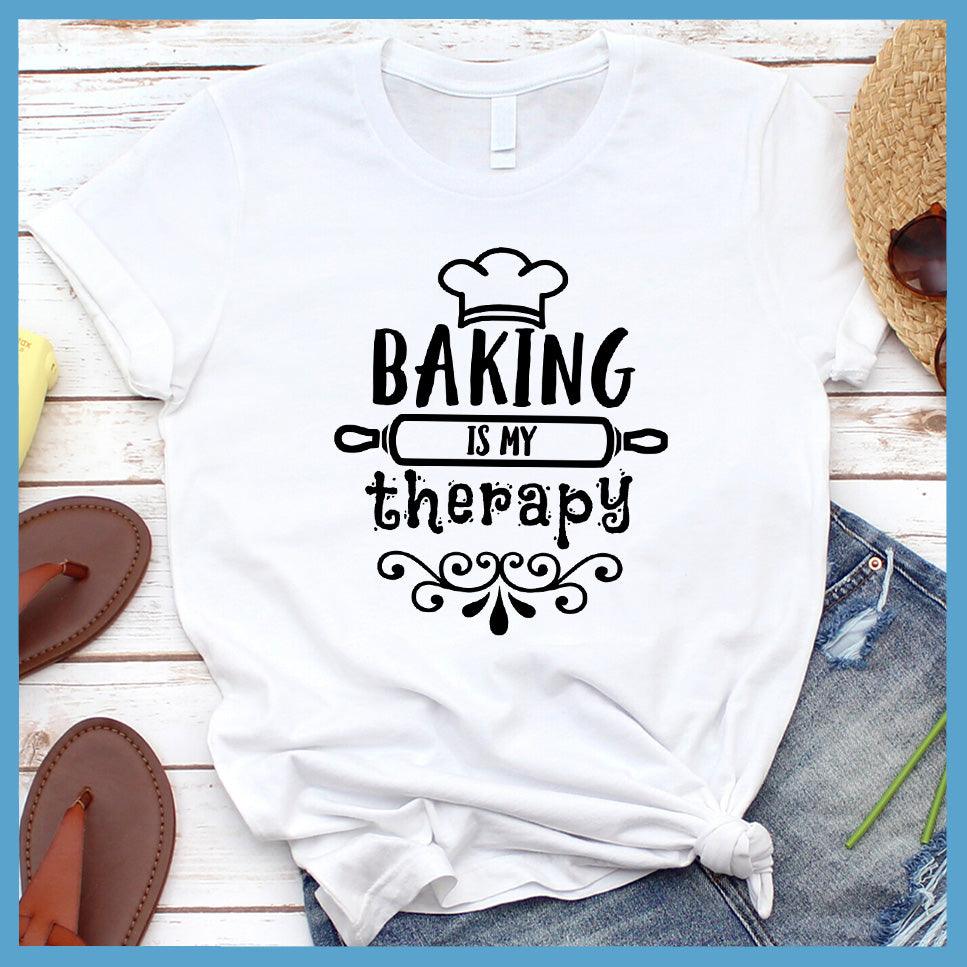 Baking Is My Therapy T-Shirt White - "Baking Is My Therapy" T-Shirt with whimsical chef hat and rolling pin design.