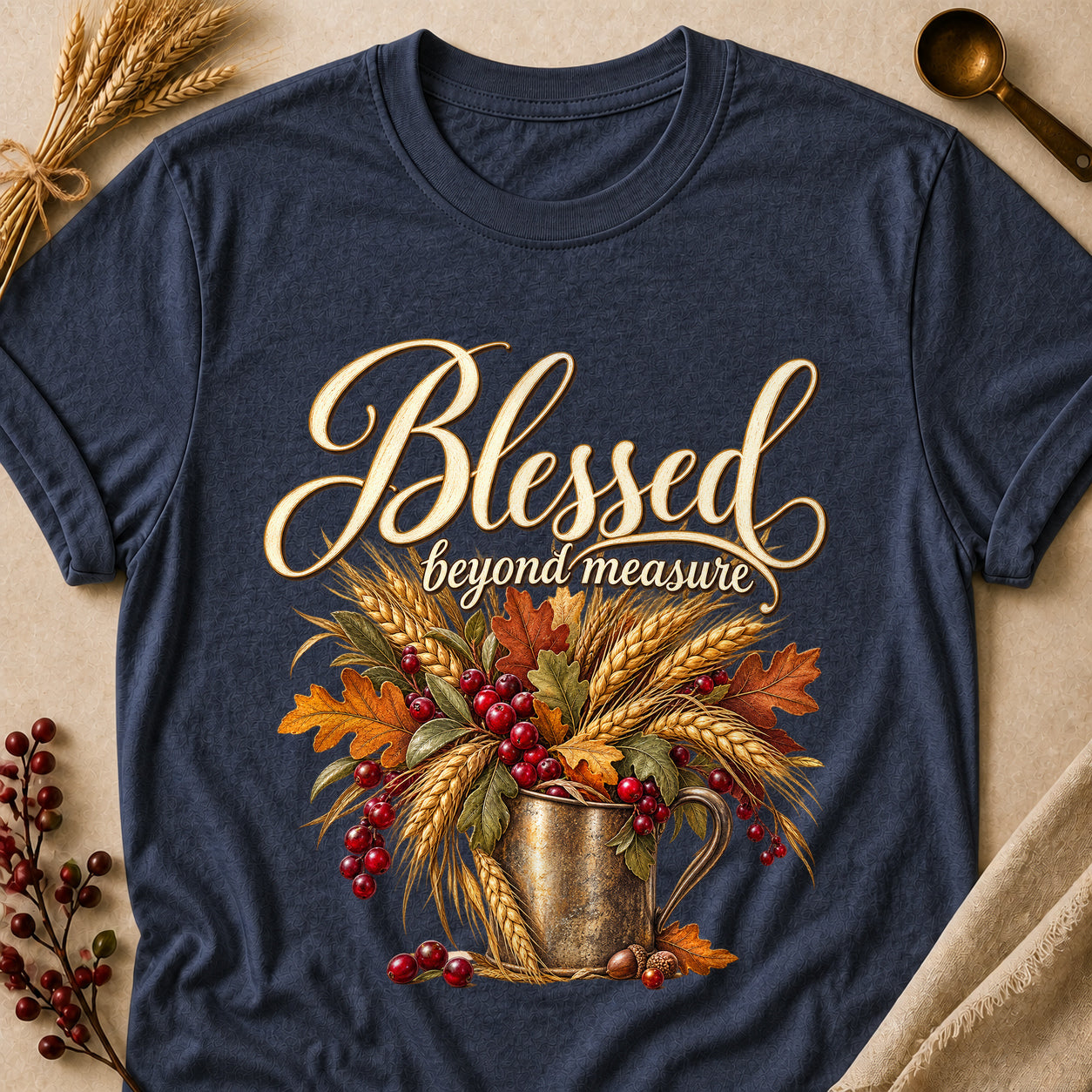 Blessed Beyond Measure Fall Colored Print T-Shirt - Heather Navy - Brooke & Belle