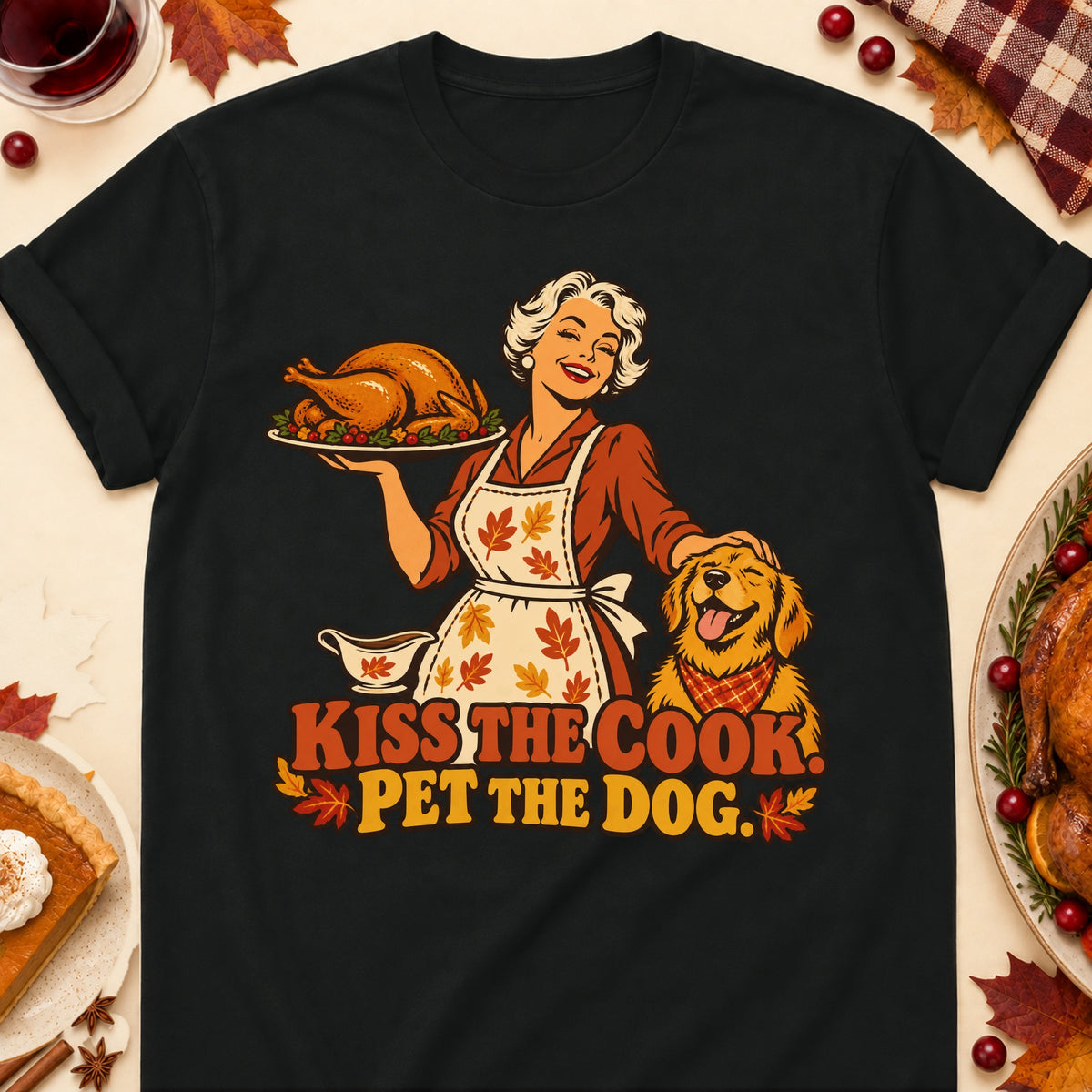 Kiss The Cook. Pet The Dog. Thanksgiving Dog Mom T-Shirt in Black