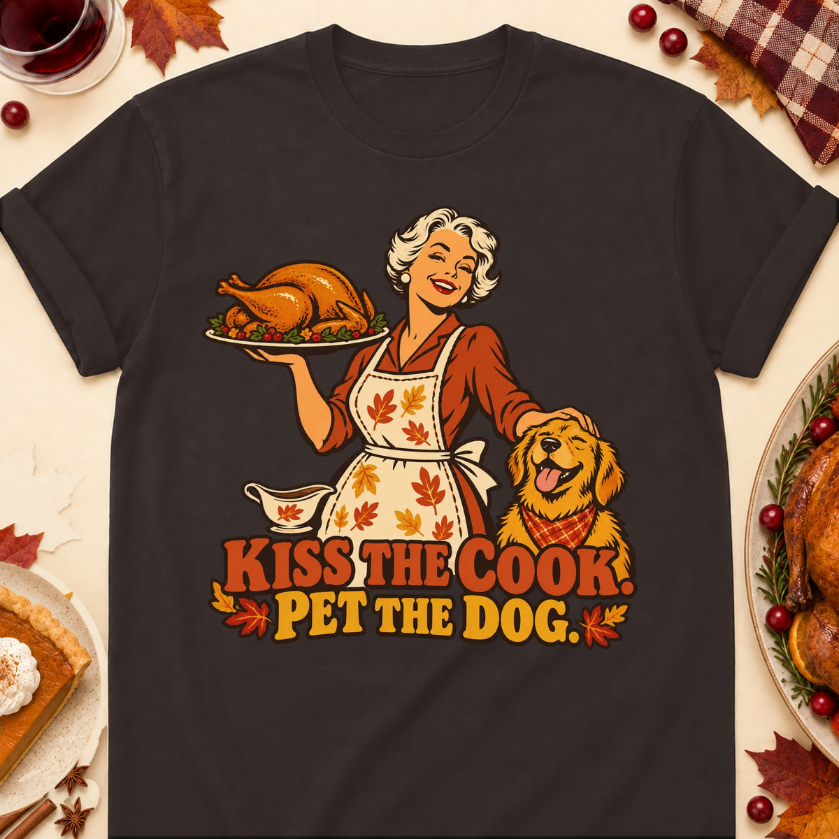 Kiss The Cook. Pet The Dog. Thanksgiving Dog Mom T-Shirt in Dark Chocolate