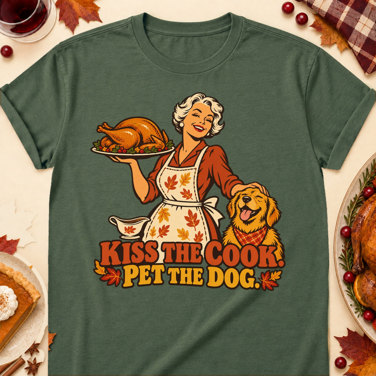 Kiss The Cook. Pet The Dog. Thanksgiving Dog Mom T-Shirt in Military Green