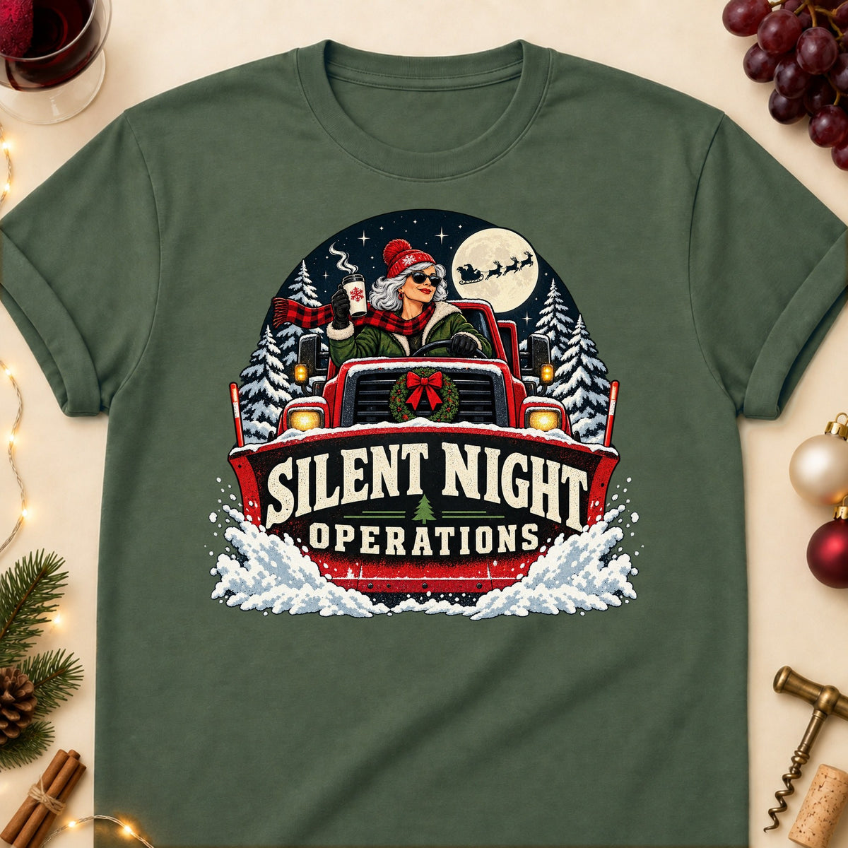 Silent Night Operations Colored Print T-Shirt - Military Green - Brooke & Belle