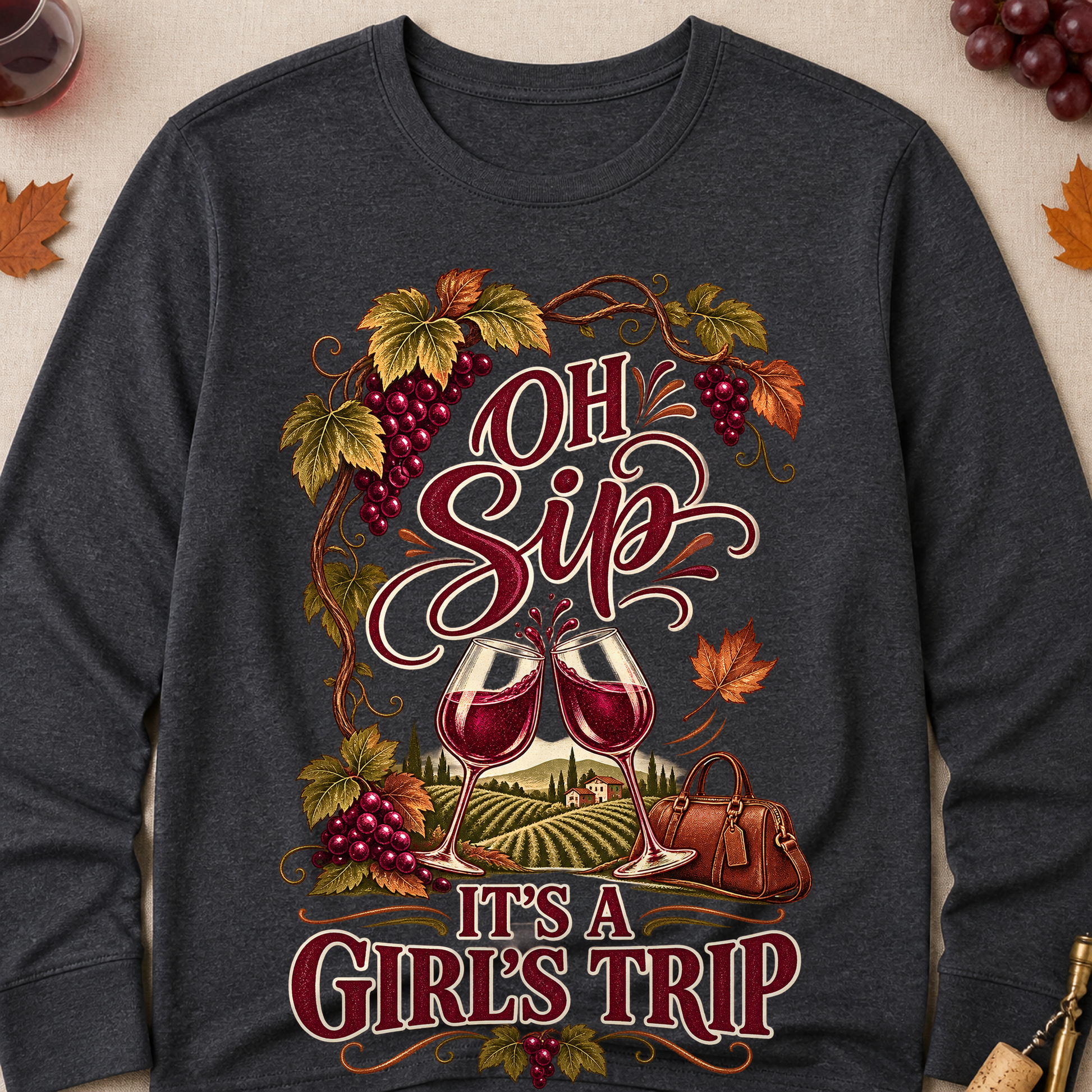 Oh Sip It's A Girl's Trip Fall Long Sleeves - Charcoal - Brooke & Belle