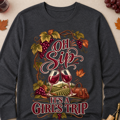 Oh Sip It's A Girl's Trip Fall Long Sleeves - Charcoal - Brooke & Belle