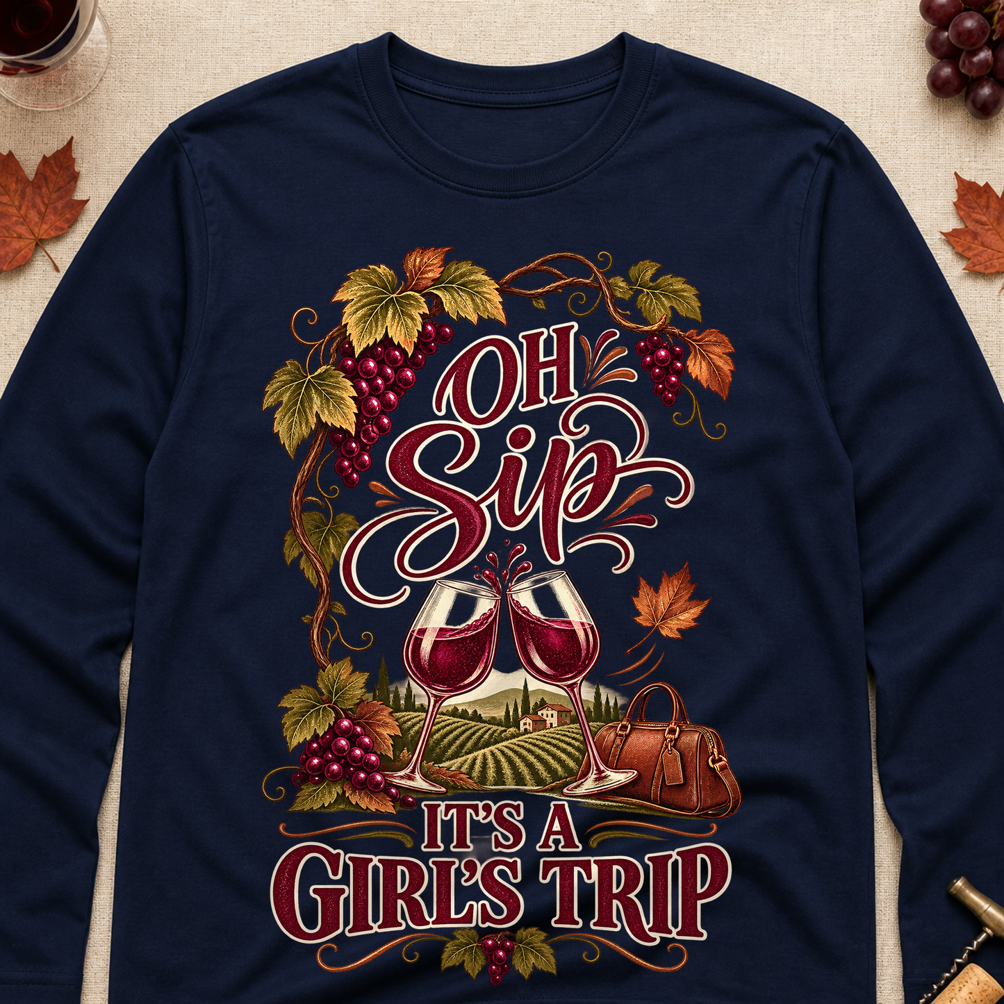Oh Sip It's A Girl's Trip Fall Long Sleeves - Navy - Brooke & Belle