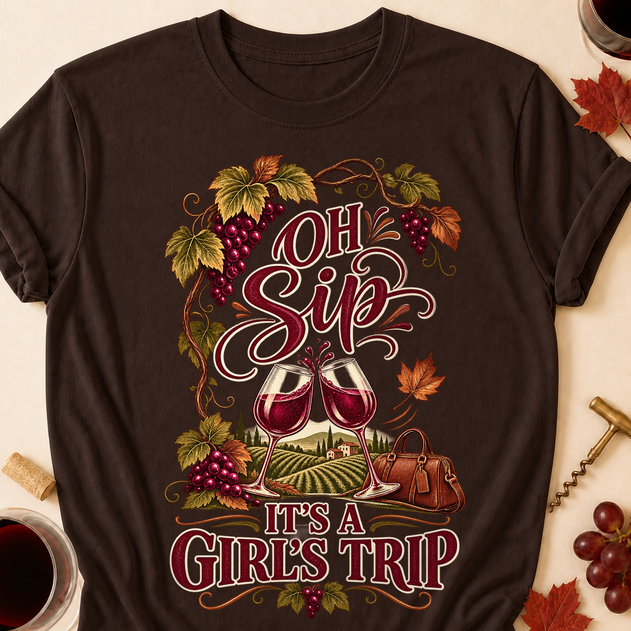 Oh Sip It's A Girl's Trip Fall T-shirt - Dark Chocolate - Brooke & Belle