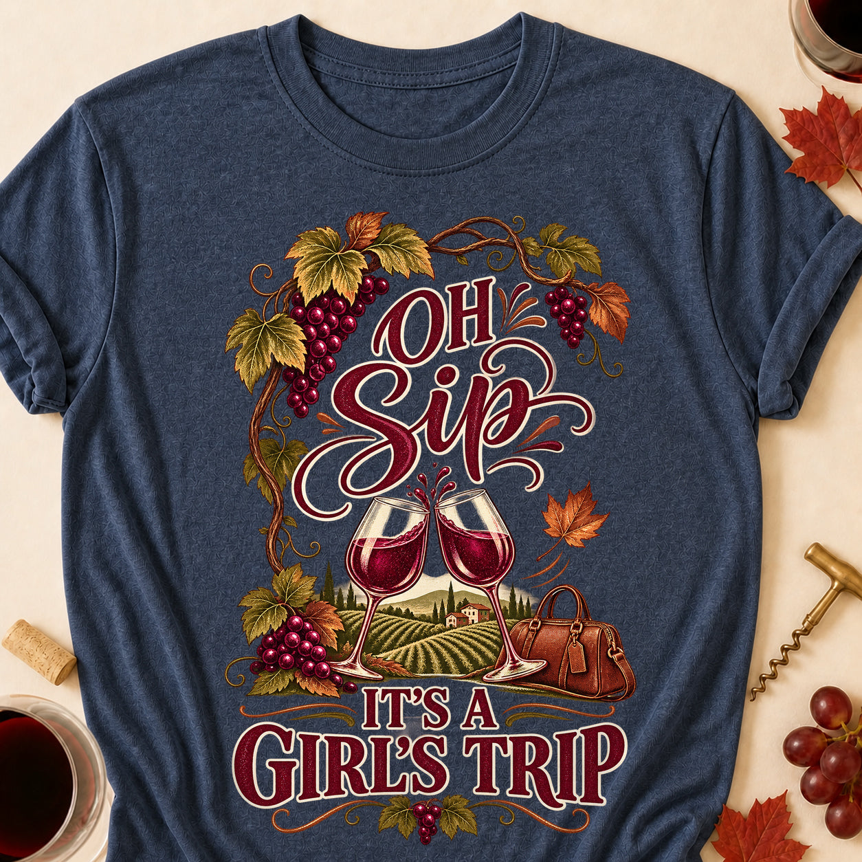 Oh Sip It's A Girl's Trip Fall T-shirt - Heather Navy - Brooke & Belle