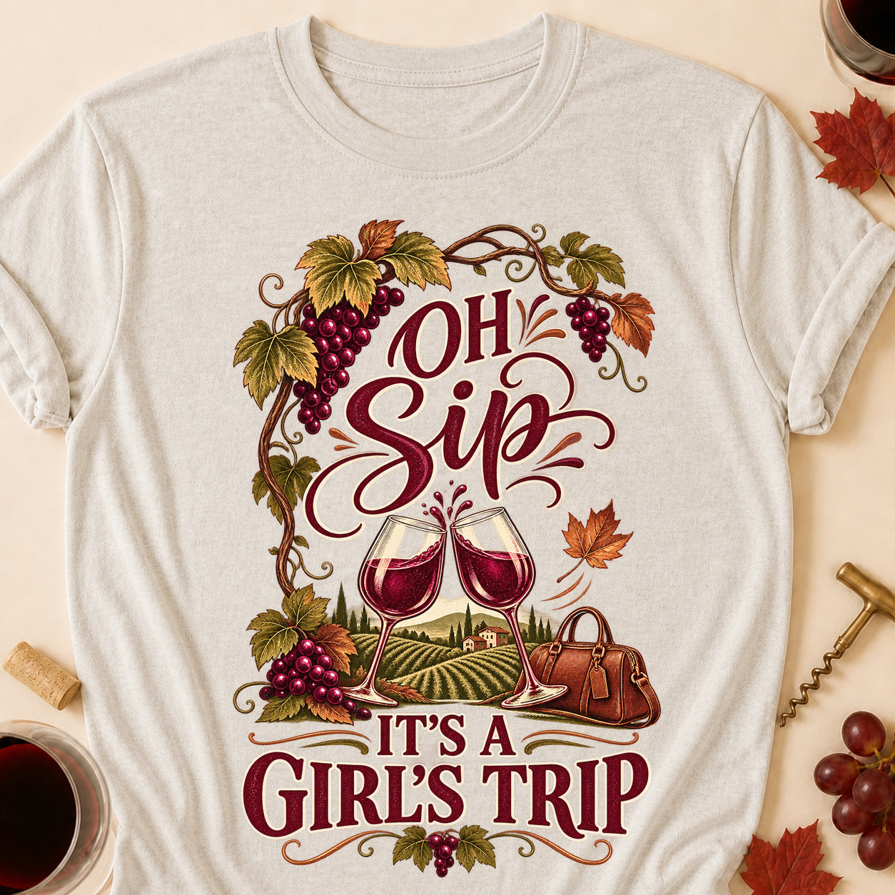 Oh Sip It's A Girl's Trip Fall T-shirt - Heather Oatmeal - Brooke & Belle