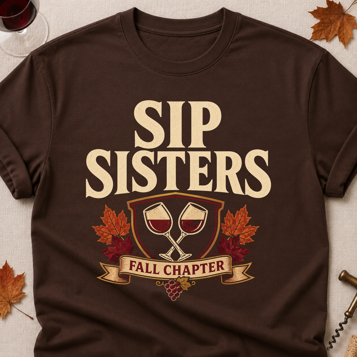 Sip Sisters Fall Chapter Fall Colored Print T-Shirt - Dark Chocolate - Brooke & Belle
