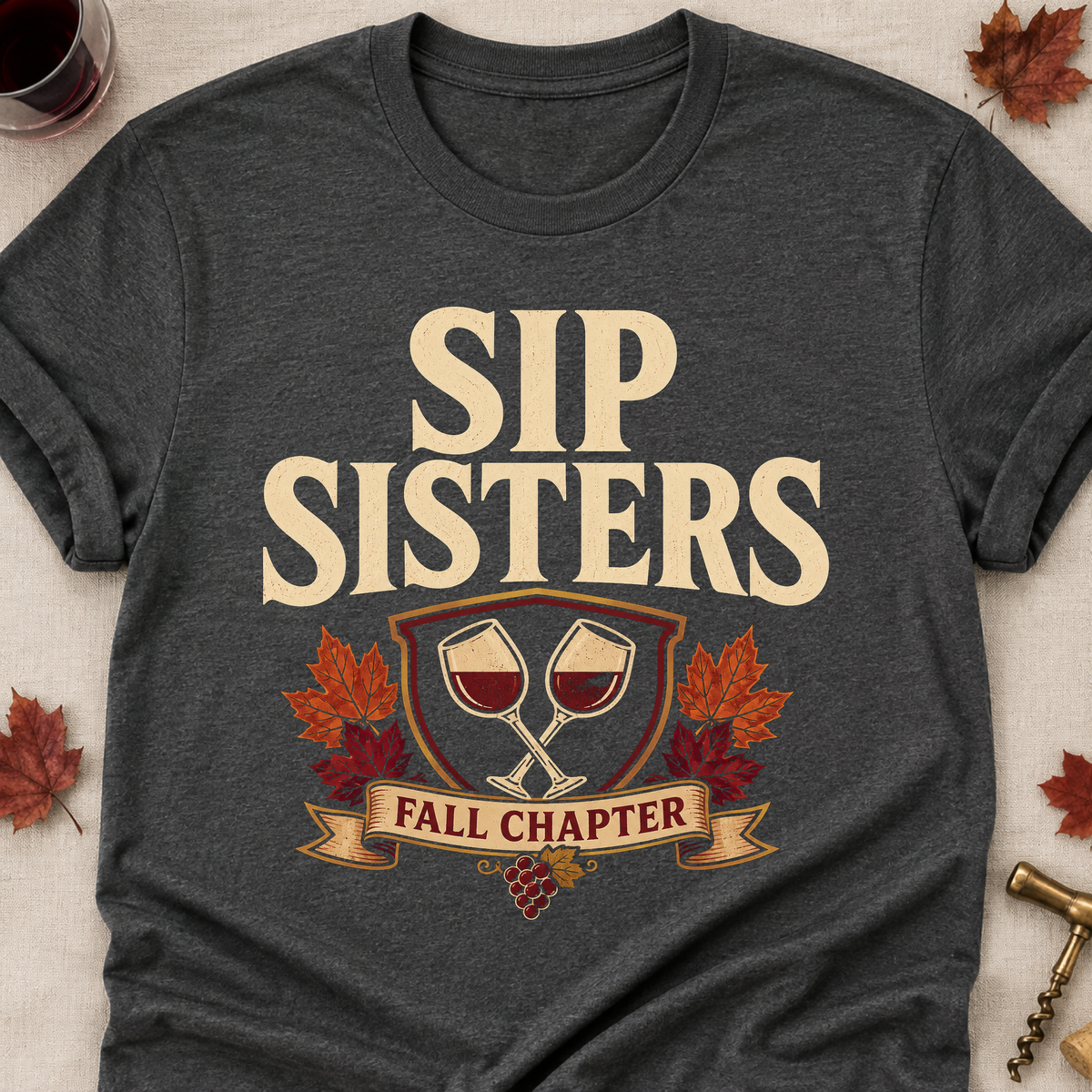 Sip Sisters Fall Chapter Fall Colored Print T-Shirt - Dark Heather - Brooke & Belle