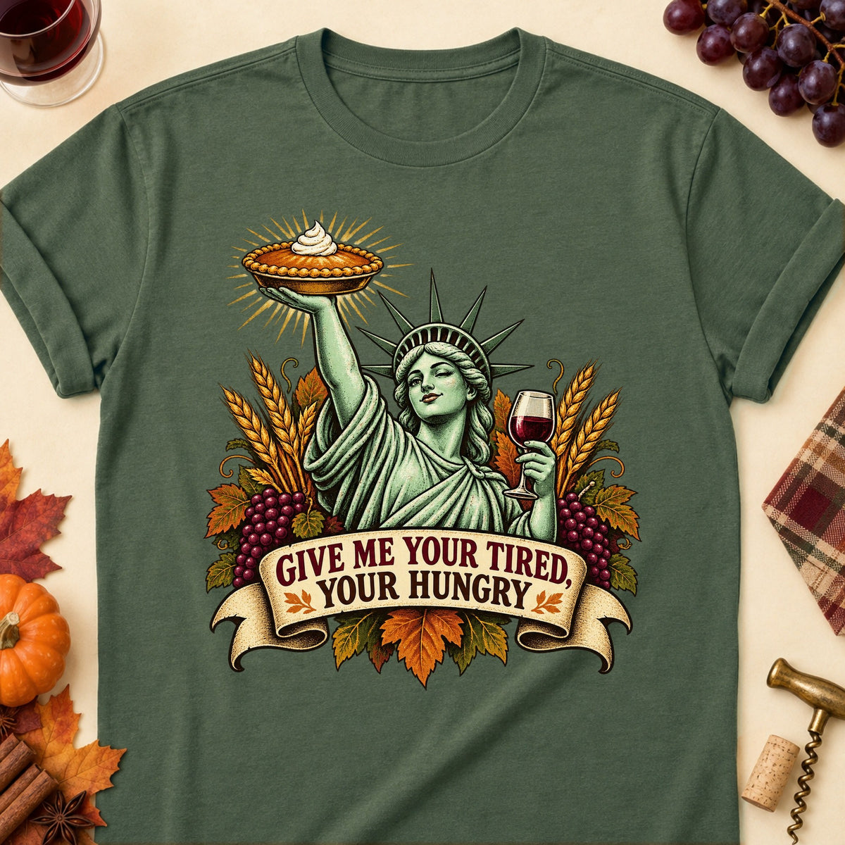 Give Me Your Tired, Your Hungry Colored Print T-Shirt - Military Green - Brooke & Belle