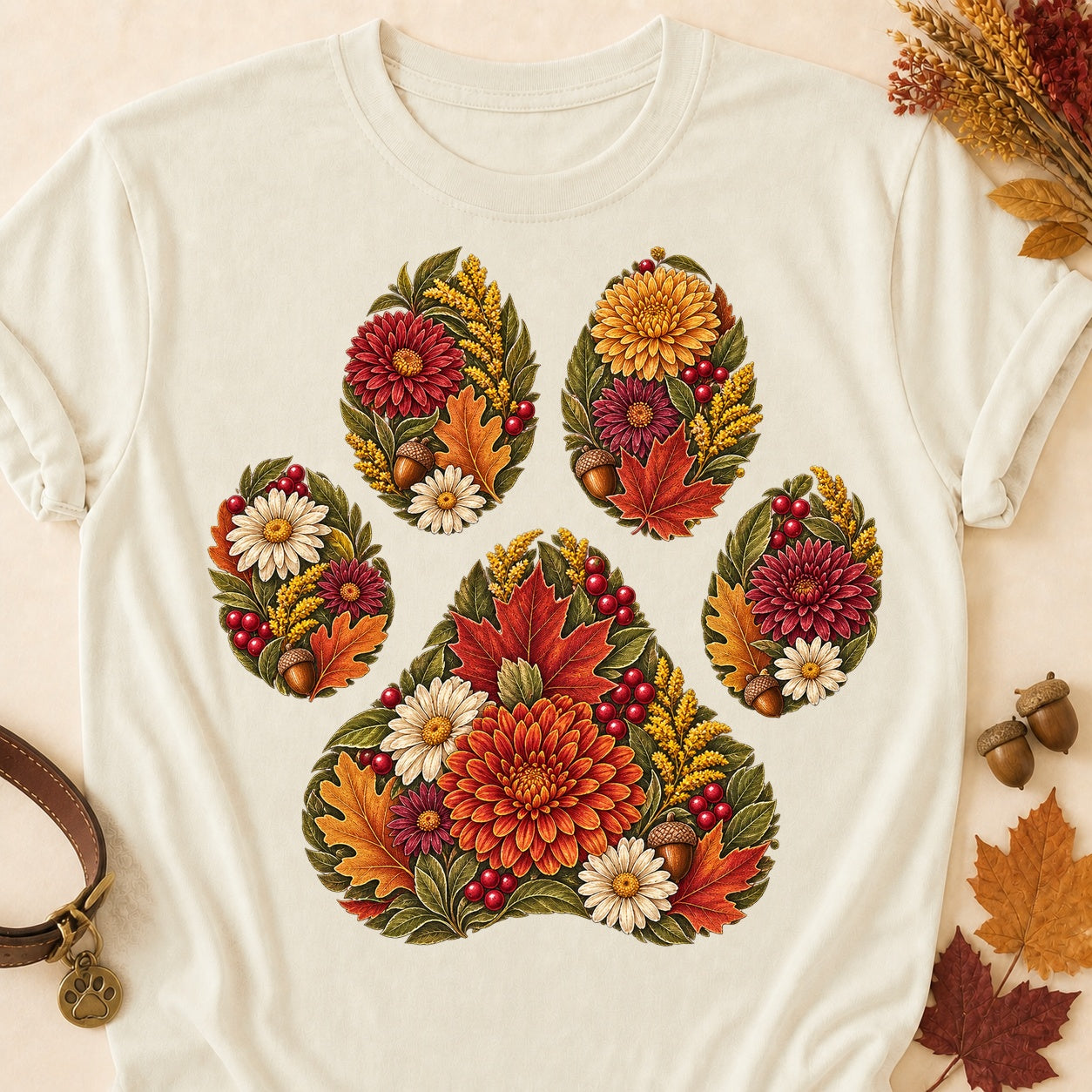 Floral Paw Print Fall T-shirt - Natural - Brooke & Belle