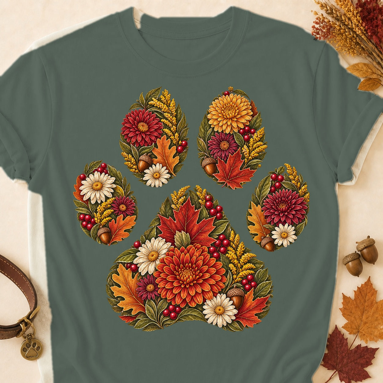 Floral Paw Print Fall T-shirt - Heather Military Green - Brooke & Belle