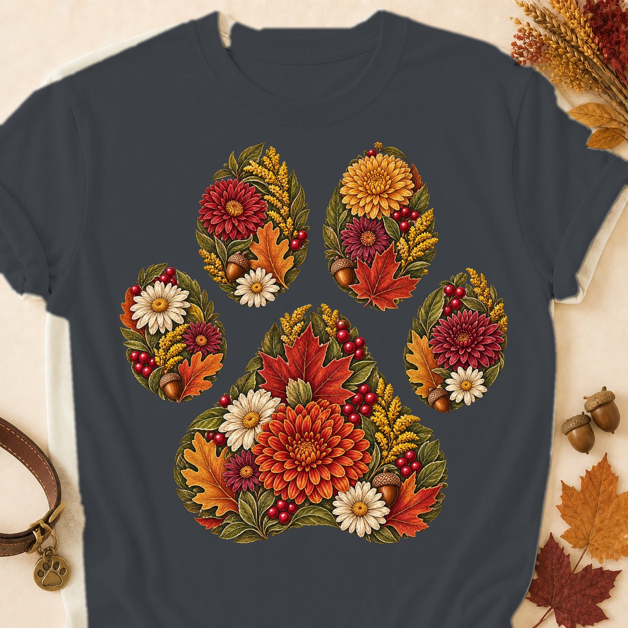 Floral Paw Print Fall T-shirt - Dark Heather - Brooke & Belle