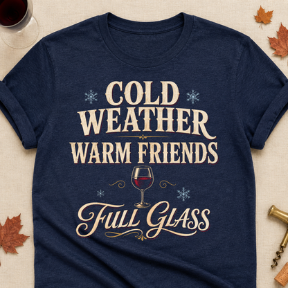 Cold Weather Warm Friends Full Glass Fall Colored Print T-Shirt - Heather Navy - Brooke & Belle