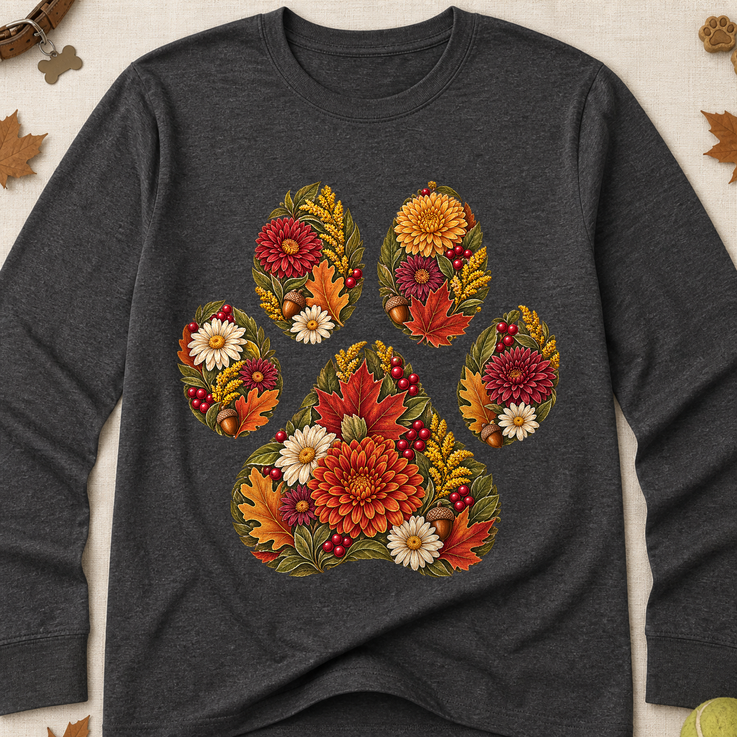 Floral Paw Print Fall Long Sleeves - Charcoal - Brooke & Belle