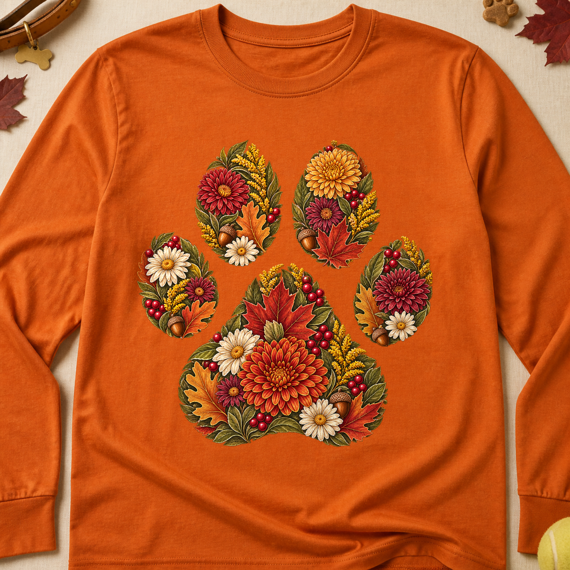 Floral Paw Print Fall Long Sleeves - Texas Orange - Brooke & Belle