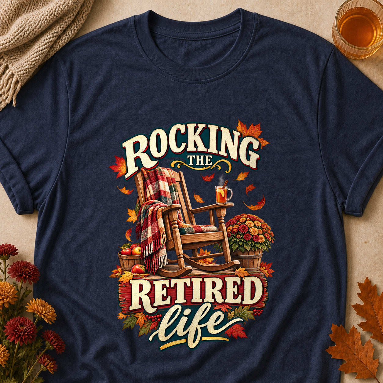 Rocking The Retired Life Fall Colored Print T-Shirt - Heather Navy - Brooke & Belle