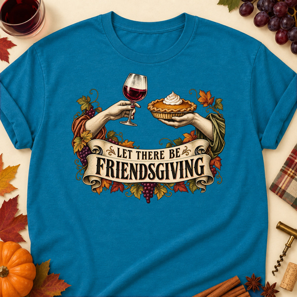 Let There Be Friendsgiving Colored Print T-Shirt - Antique Sapphire - Brooke & Belle