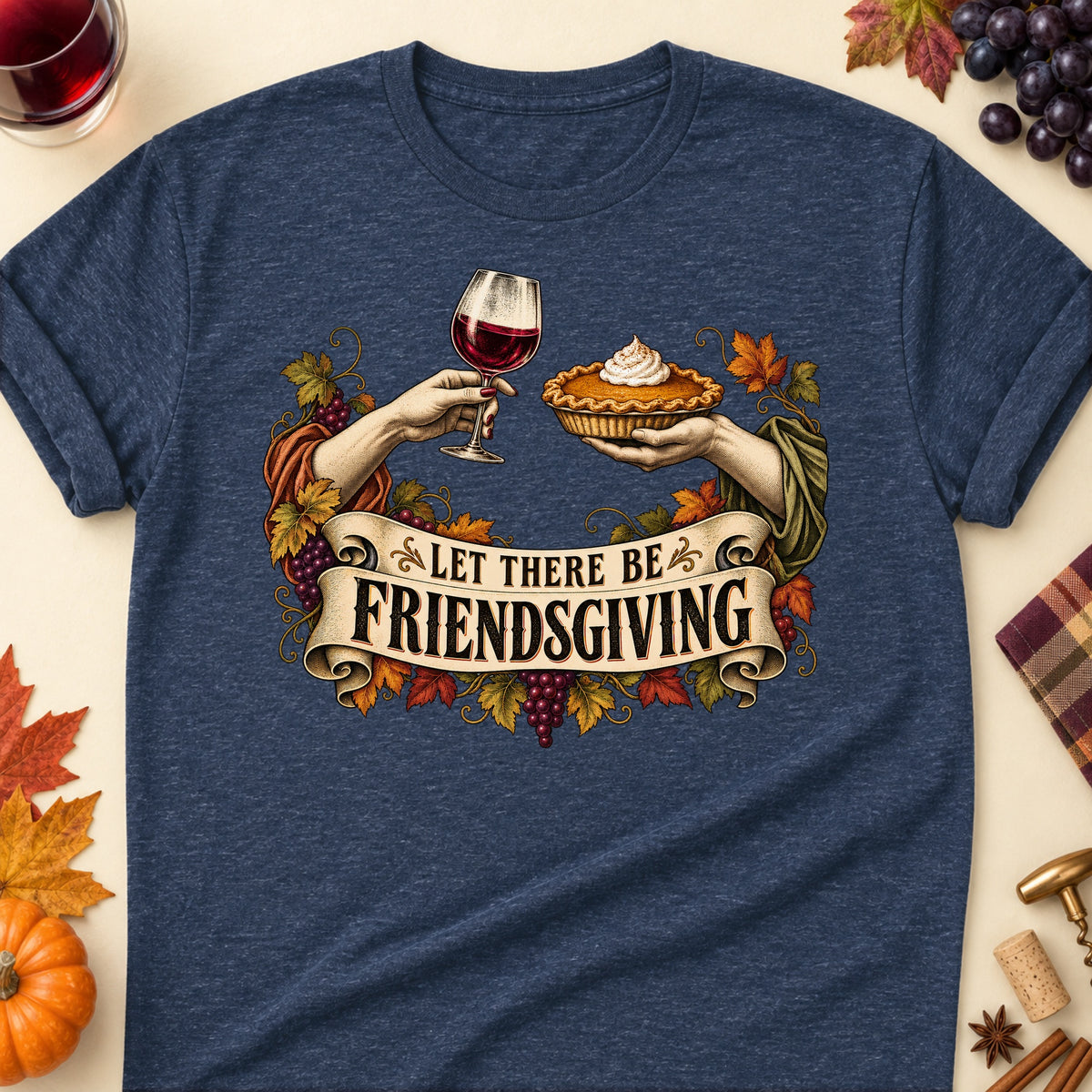 Let There Be Friendsgiving Colored Print T-Shirt - Heather Navy - Brooke & Belle