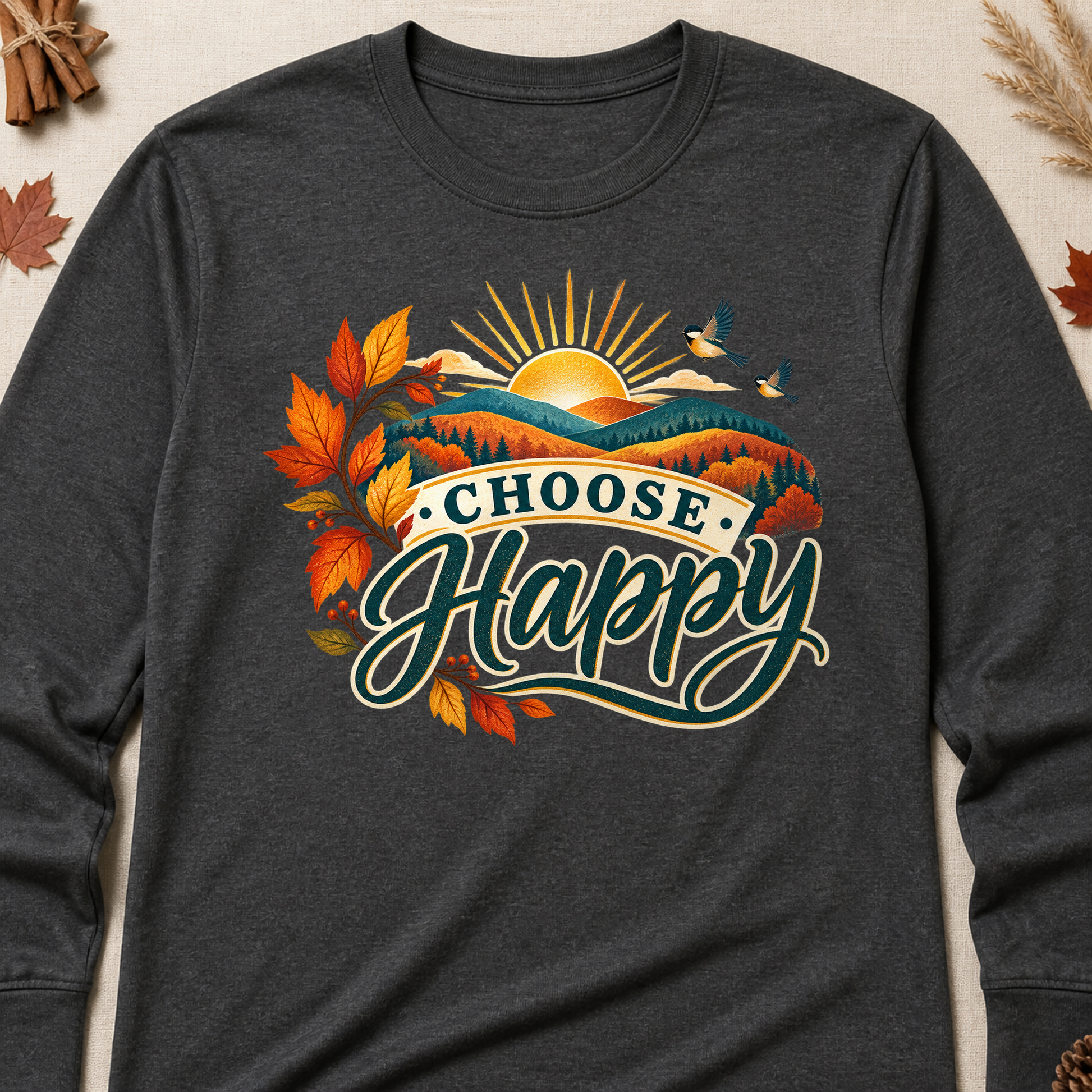 Choose Happy Fall Long Sleeves - Charcoal - Brooke & Belle