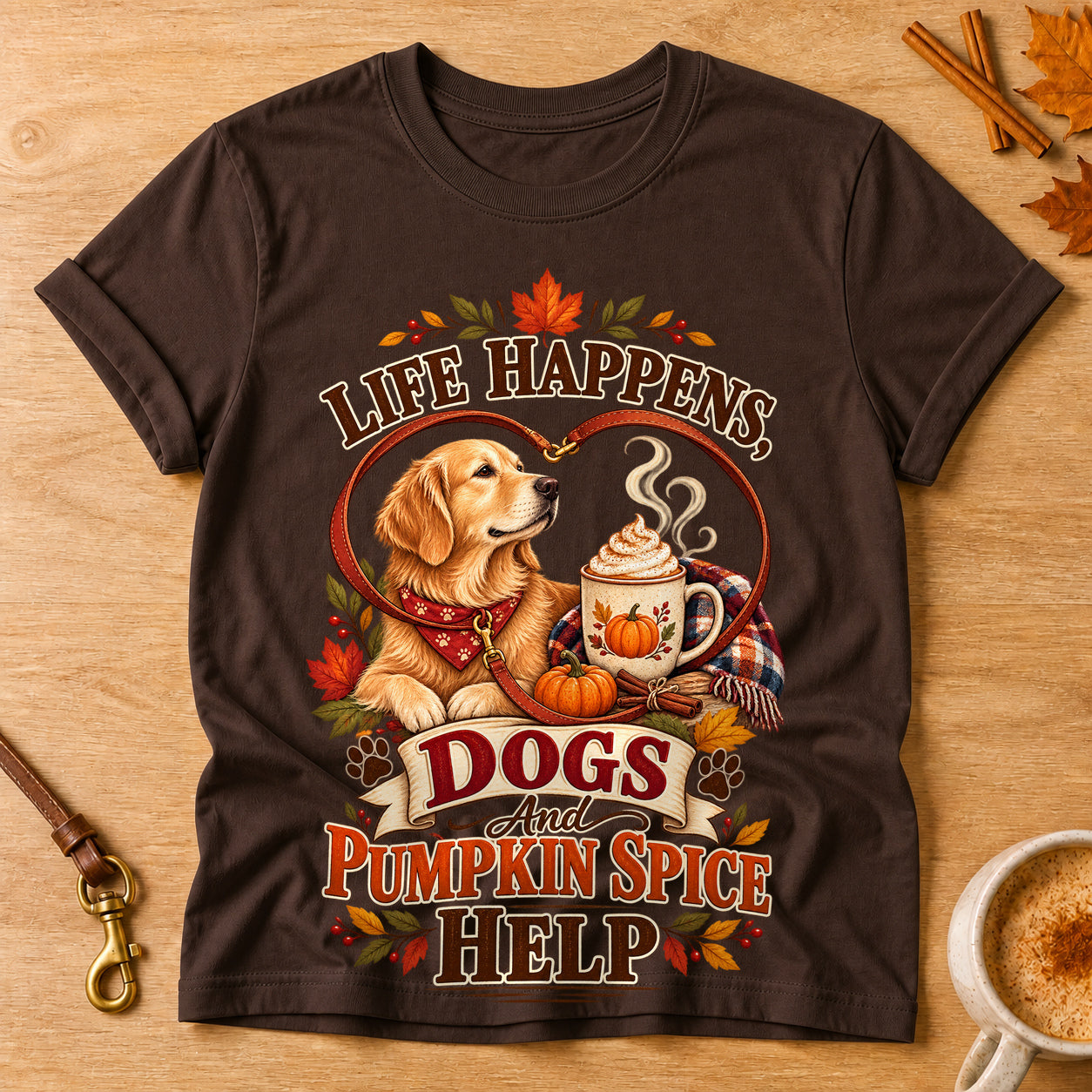 Life Happens Dogs Pumpkin Spice T-shirt - Dark Chocolate - Brooke & Belle