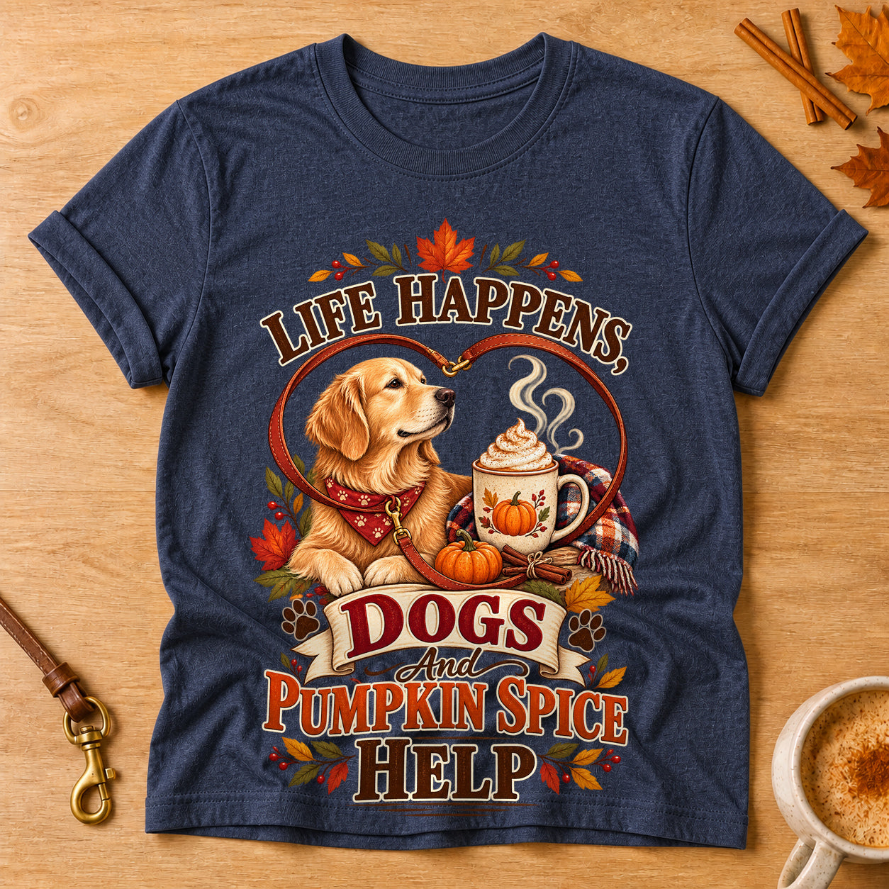 Life Happens Dogs Pumpkin Spice T-shirt - Heather Navy - Brooke & Belle