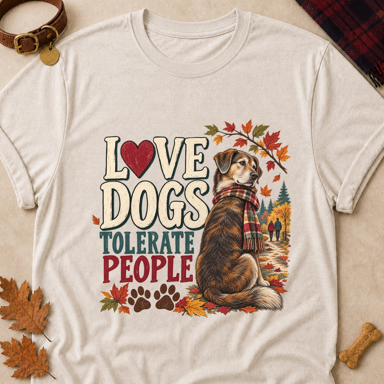 Love Dogs Tolerate People Fall Colored Print T-Shirt - Heather Oatmeal - Brooke & Belle