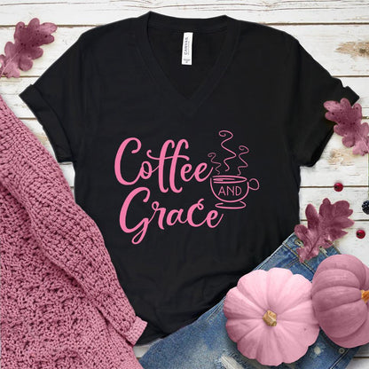 Coffee And Grace V-Neck Pink Edition Black - Whimsical Coffee And Grace V-Neck T-Shirt with playful typography, suitable for all seasons.