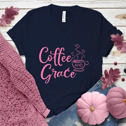 Coffee And Grace V-Neck Pink Edition Navy - Whimsical Coffee And Grace V-Neck T-Shirt with playful typography, suitable for all seasons.