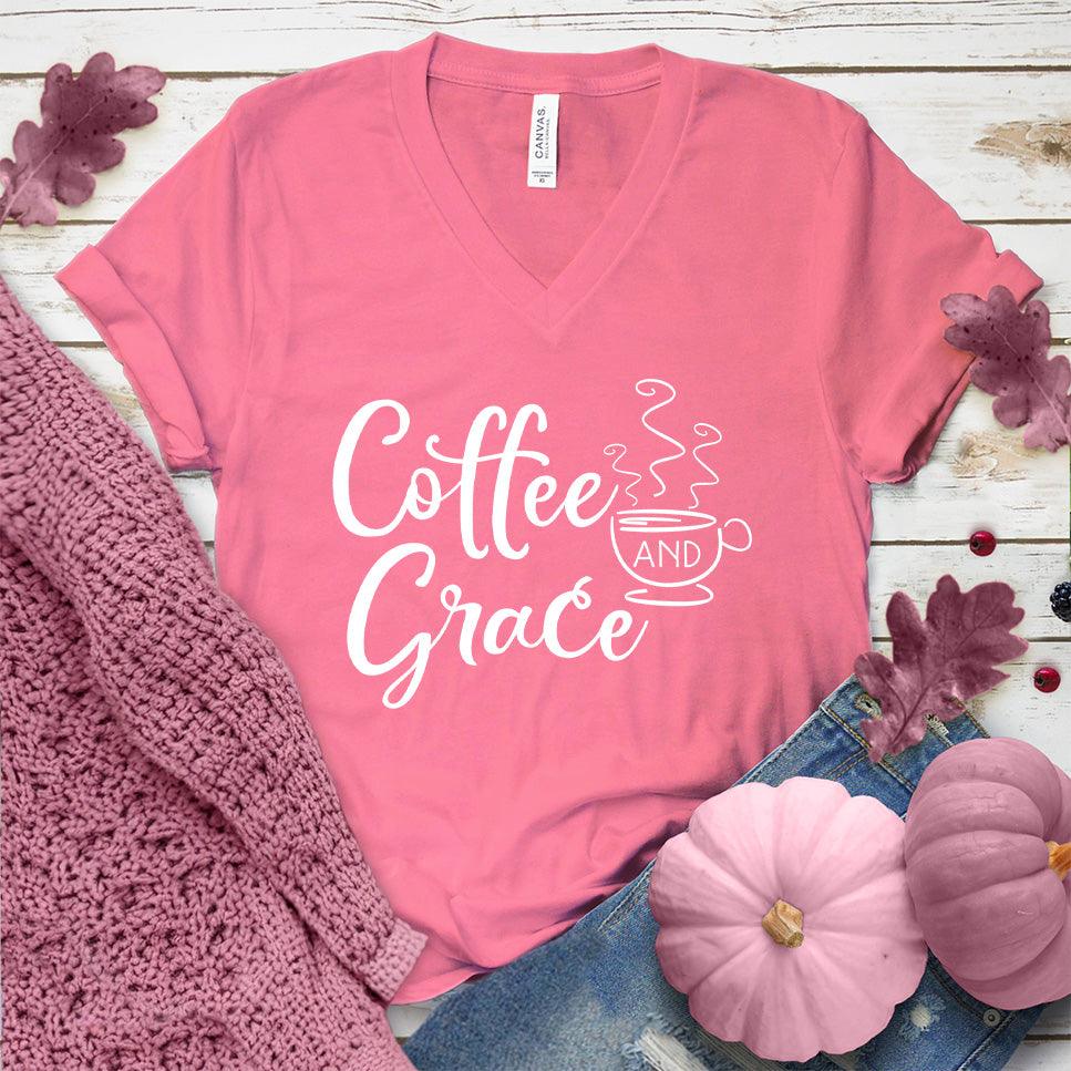 Coffee And Grace V-Neck Pink Edition Neon Pink - Whimsical Coffee And Grace V-Neck T-Shirt with playful typography, suitable for all seasons.