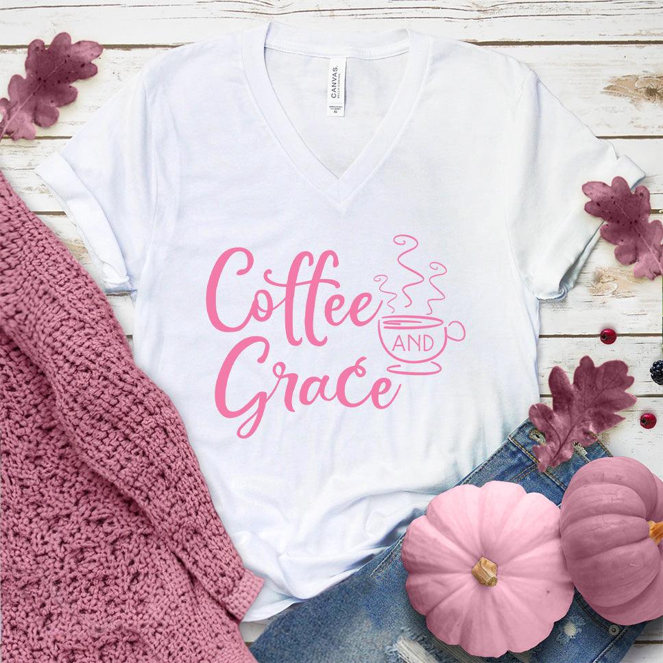 Coffee And Grace V-Neck Pink Edition White - Whimsical Coffee And Grace V-Neck T-Shirt with playful typography, suitable for all seasons.